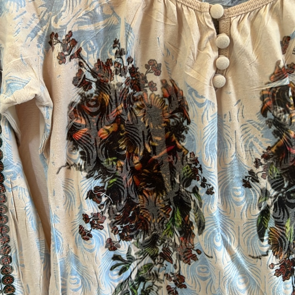 Butterfly dropout🦋Vintage tan/blue peacock feather print with fall floral top. - Picture 2 of 12